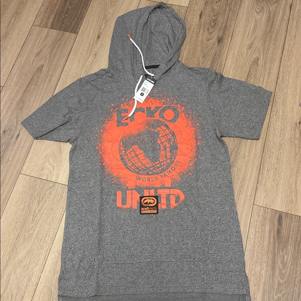 Ecko Unlimited NWT M Gray Hoodie Vibrant Orange Design KANGAROO POCKET TEE